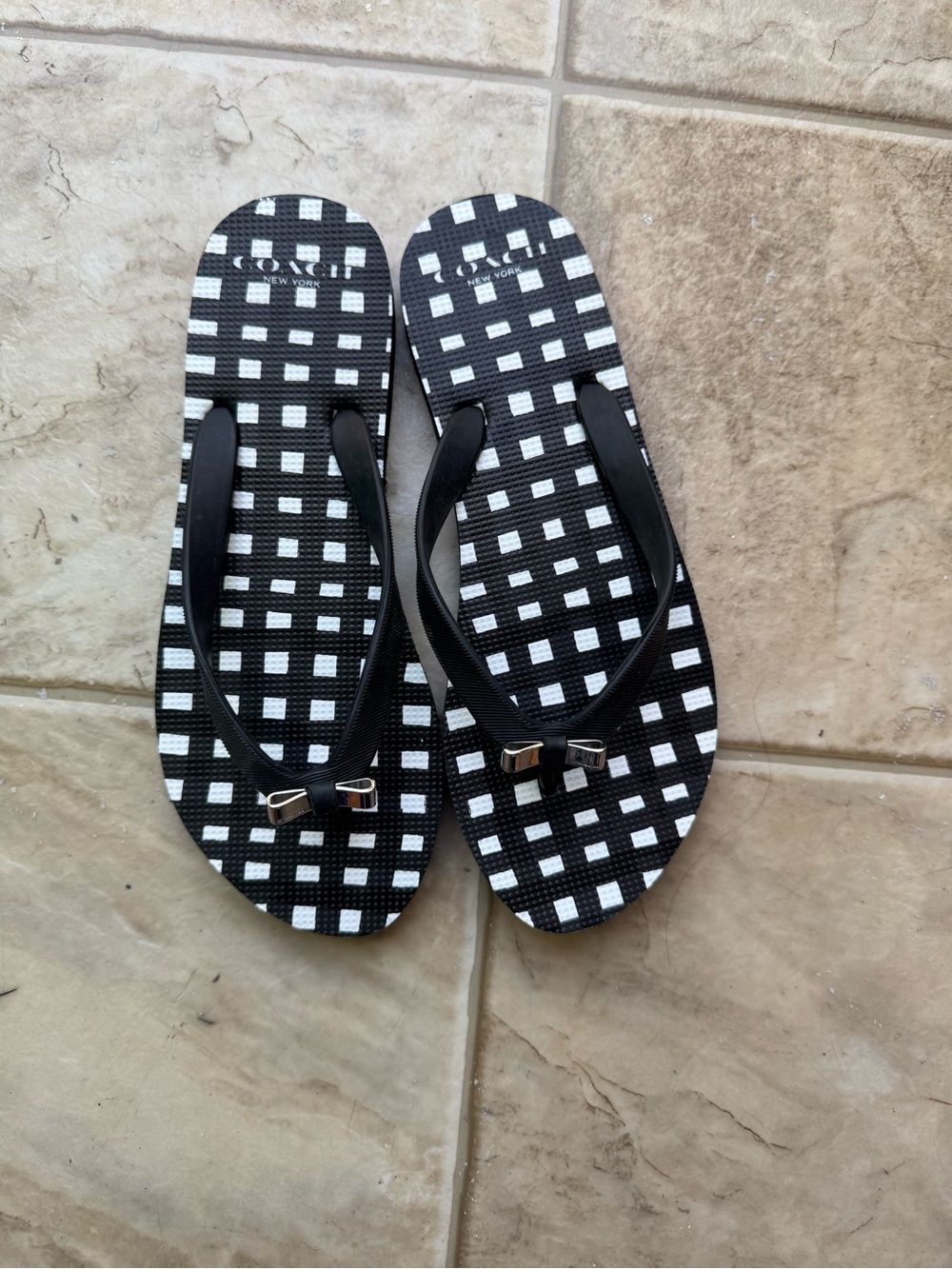 Coach Black & White Gingham Flip Flop Sandals with Bow Accent